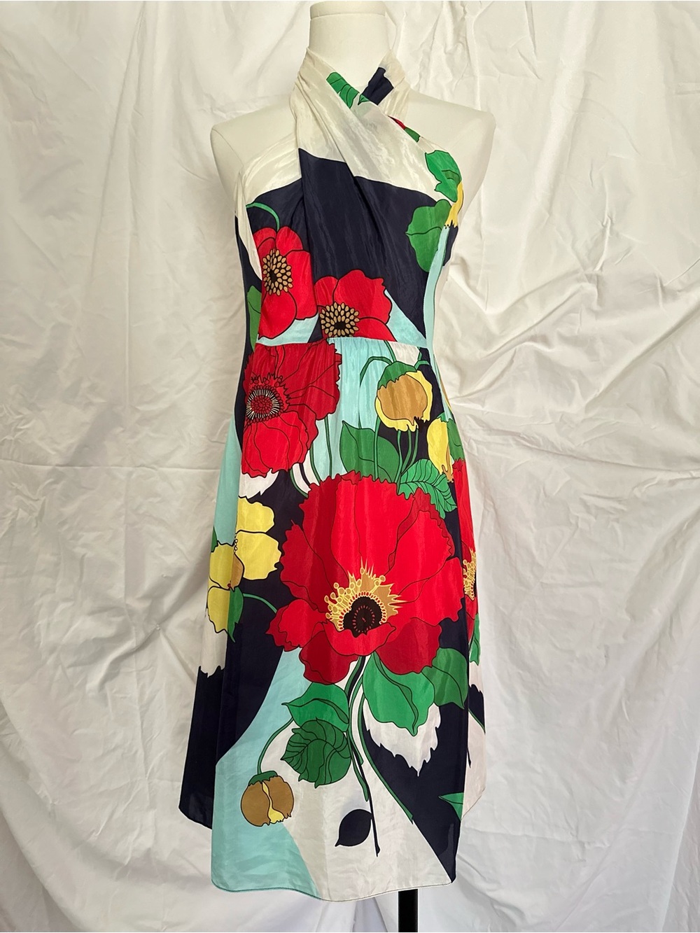 Vintage 2007 Tibi Archive cotton and silk halter dress. Poppy print & Ombré